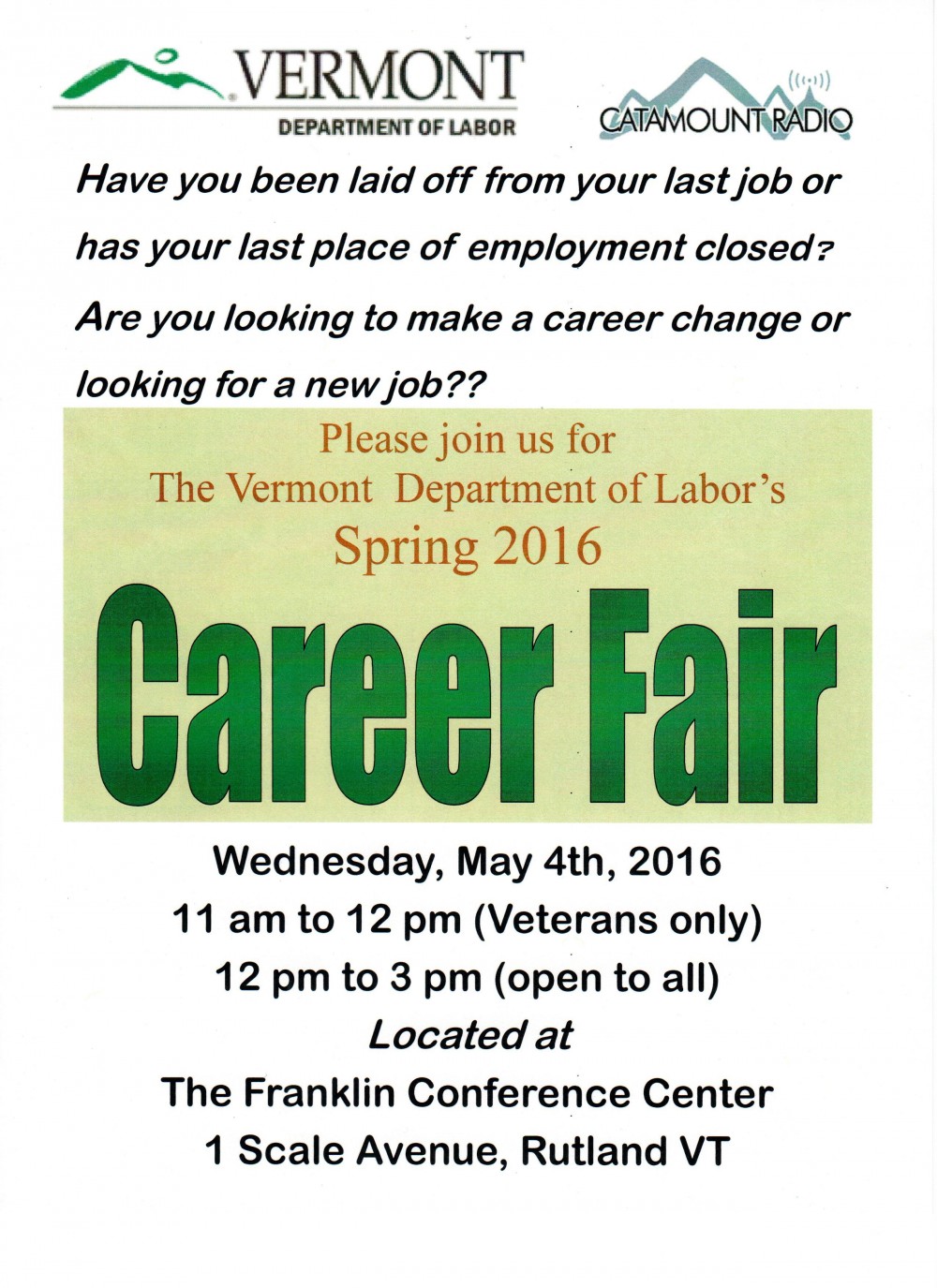 Vermont Department of Labor Spring Career Fair - Rutland 